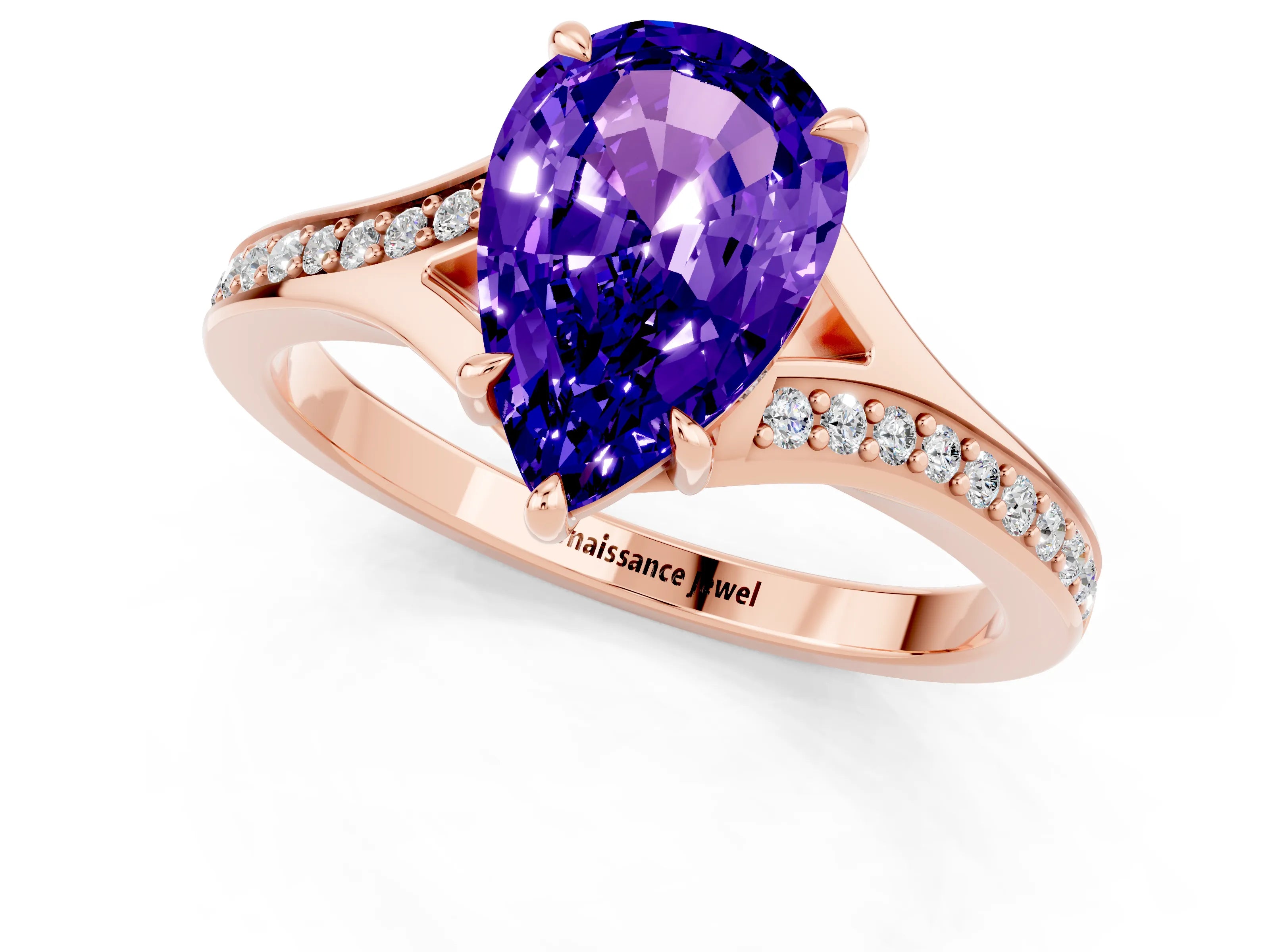 Rose gold Pear Cut Tanzanite Solitaire Ring with Pavé Band and Prong Setting_1