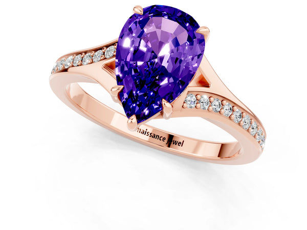 Rose gold Pear Cut Tanzanite Solitaire Ring with Pavé Band and Prong Setting