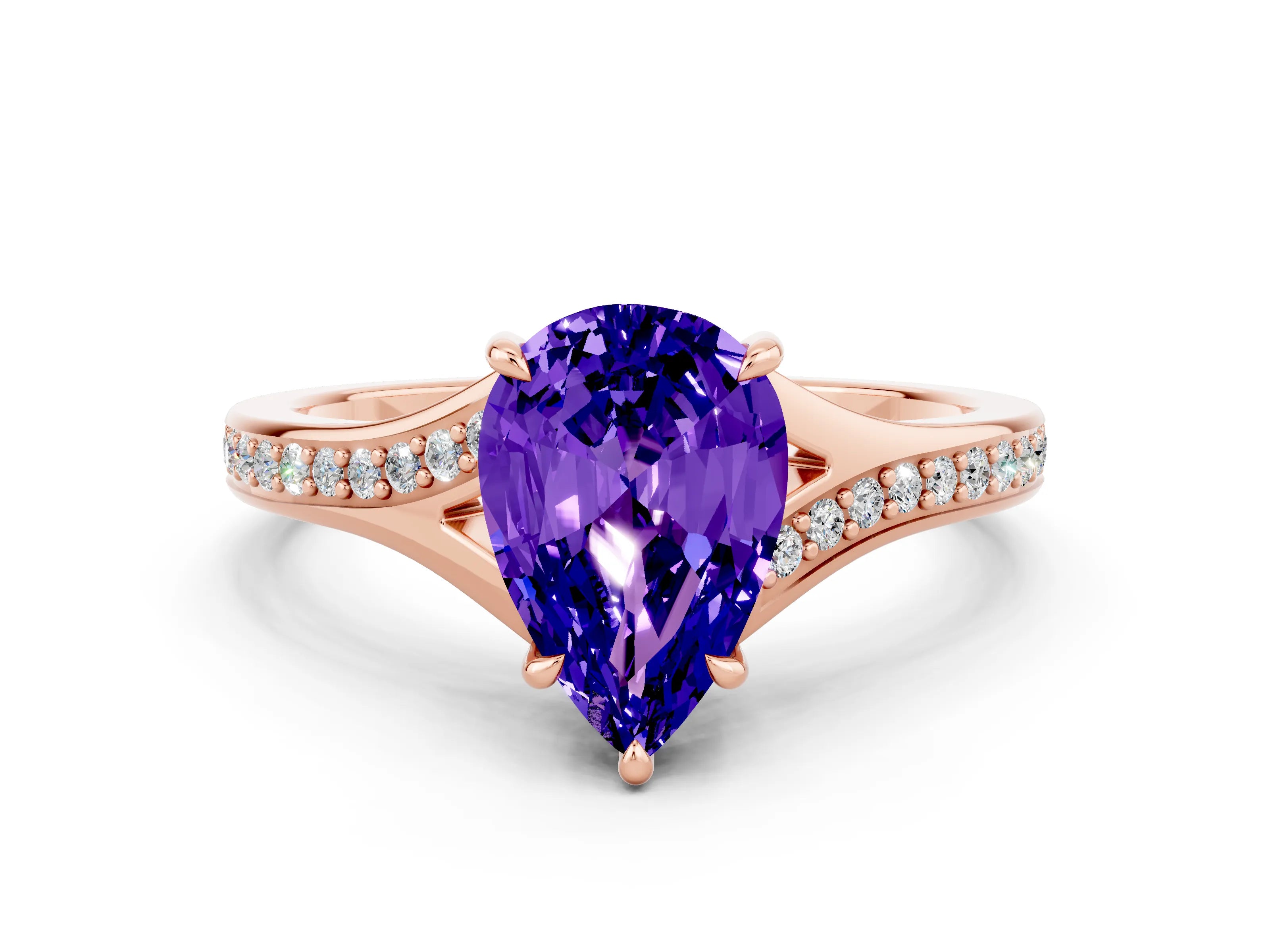 Rose gold Pear Cut Tanzanite Solitaire Ring with Pavé Band and Prong Setting_12