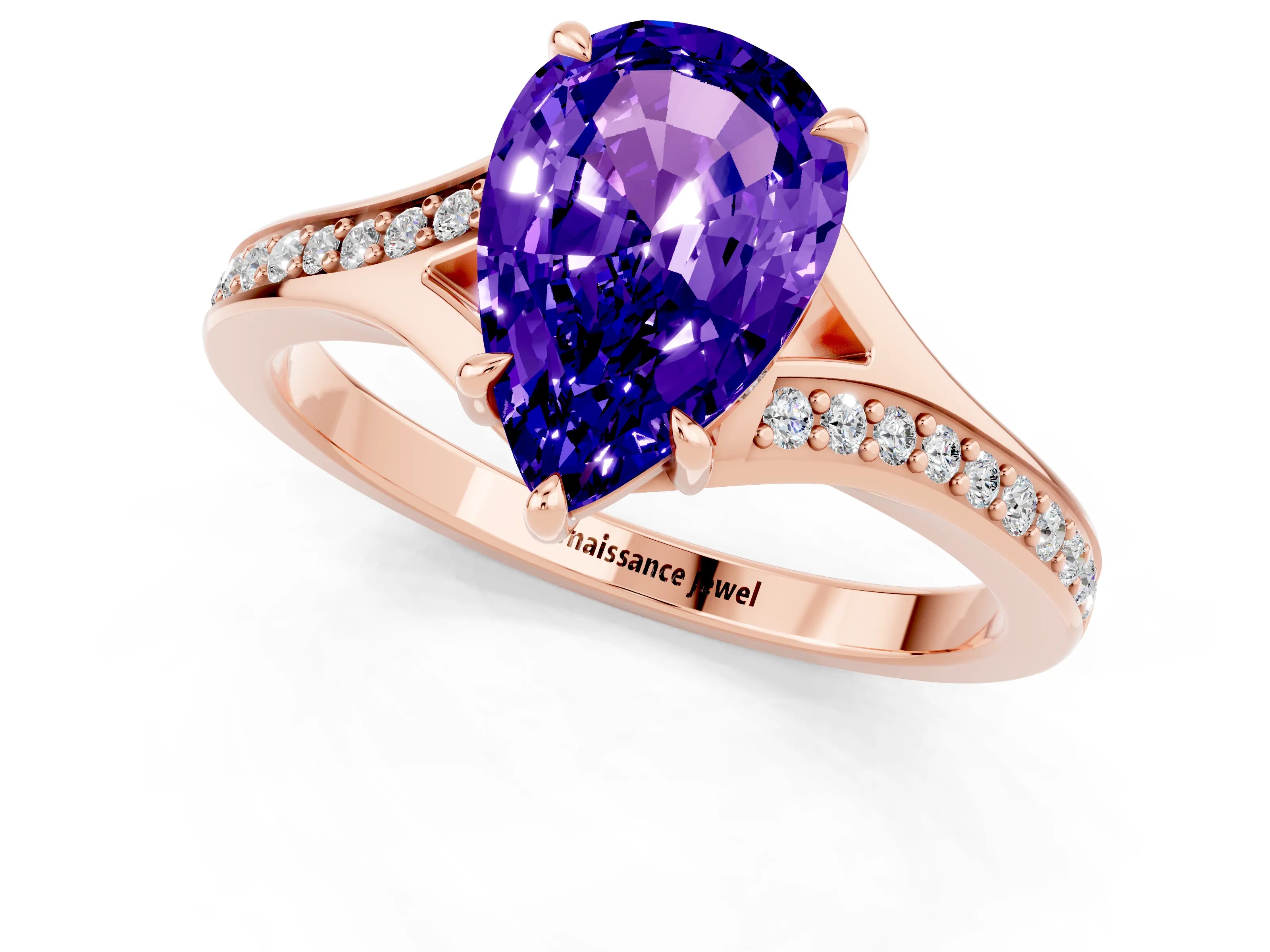 Rose gold Pear Cut Tanzanite Solitaire Ring with Pavé Band and Prong Setting_13