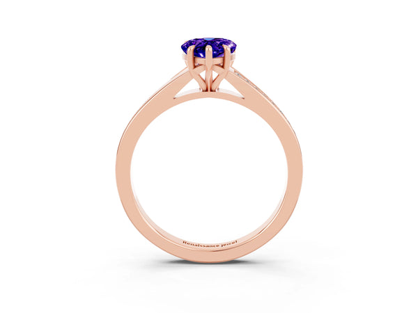 Rose gold Pear Cut Tanzanite Solitaire Ring with Pavé Band and Prong Setting