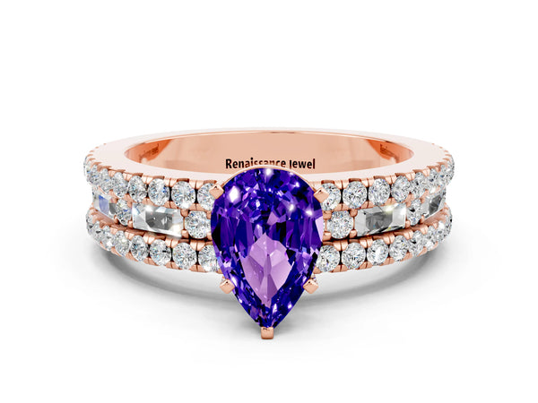 Rose gold Pear Cut Tanzanite Solitaire Ring with Pavé and Channel Set Band