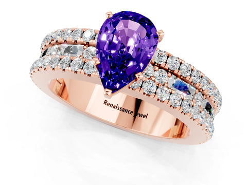 Rose gold Pear Cut Tanzanite Solitaire Ring with Pavé and Channel Set Band_1