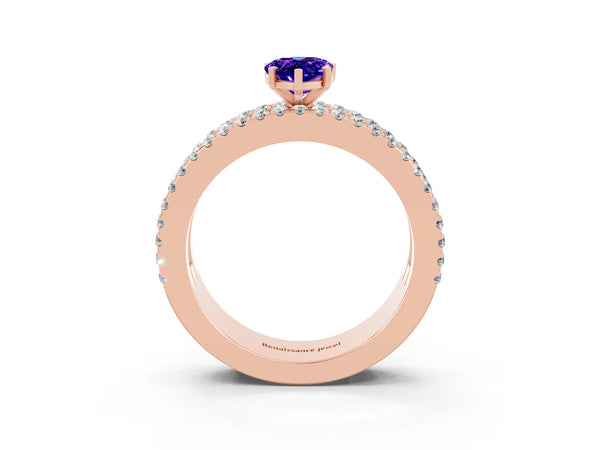 Rose gold Pear Cut Tanzanite Solitaire Ring with Pavé and Channel Set Band