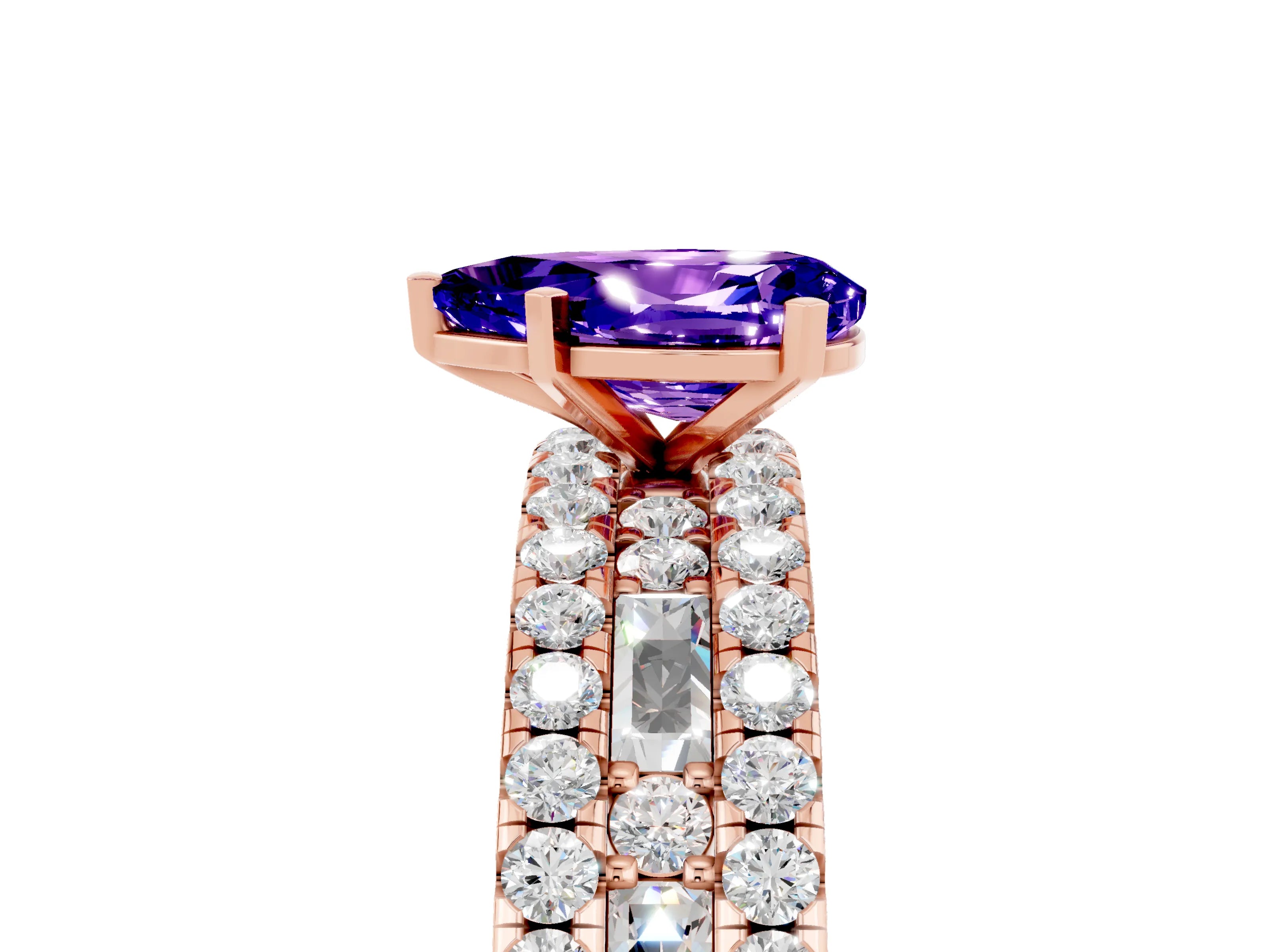 Rose gold Pear Cut Tanzanite Solitaire Ring with Pavé and Channel Set Band_5