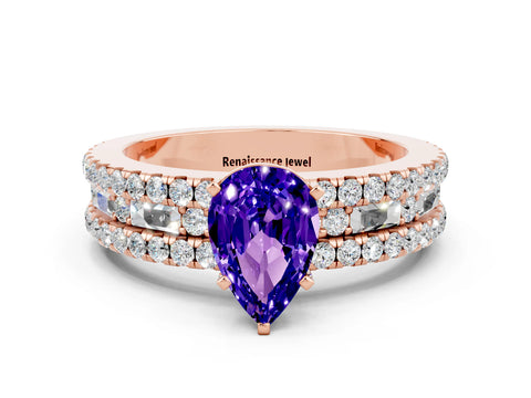 Rose gold Pear Cut Tanzanite Solitaire Ring with Pavé and Channel Set Band