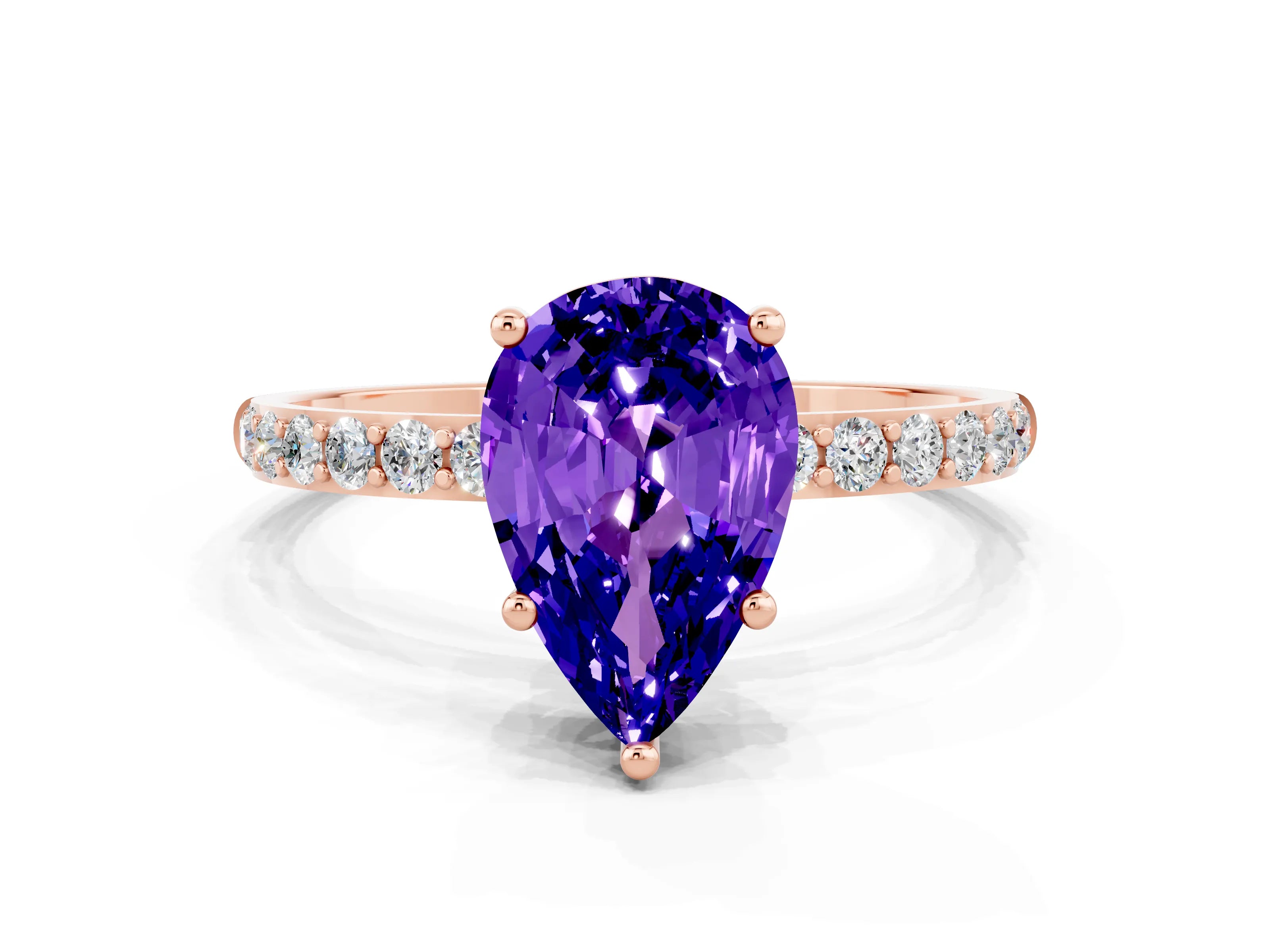 Rose gold Pear Cut Tanzanite Solitaire Ring with Pave Band and Four Prong Setting_24