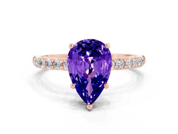 Rose gold Pear Cut Tanzanite Solitaire Ring with Round  Pavé Band and Prong Setting