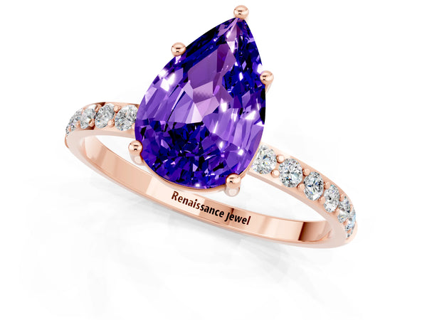 Rose gold Pear Cut Tanzanite Solitaire Ring with Round  Pavé Band and Prong Setting