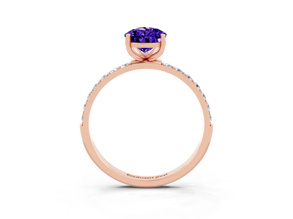 Rose gold Pear Cut Tanzanite Solitaire Ring with Round  Pavé Band and Prong Setting