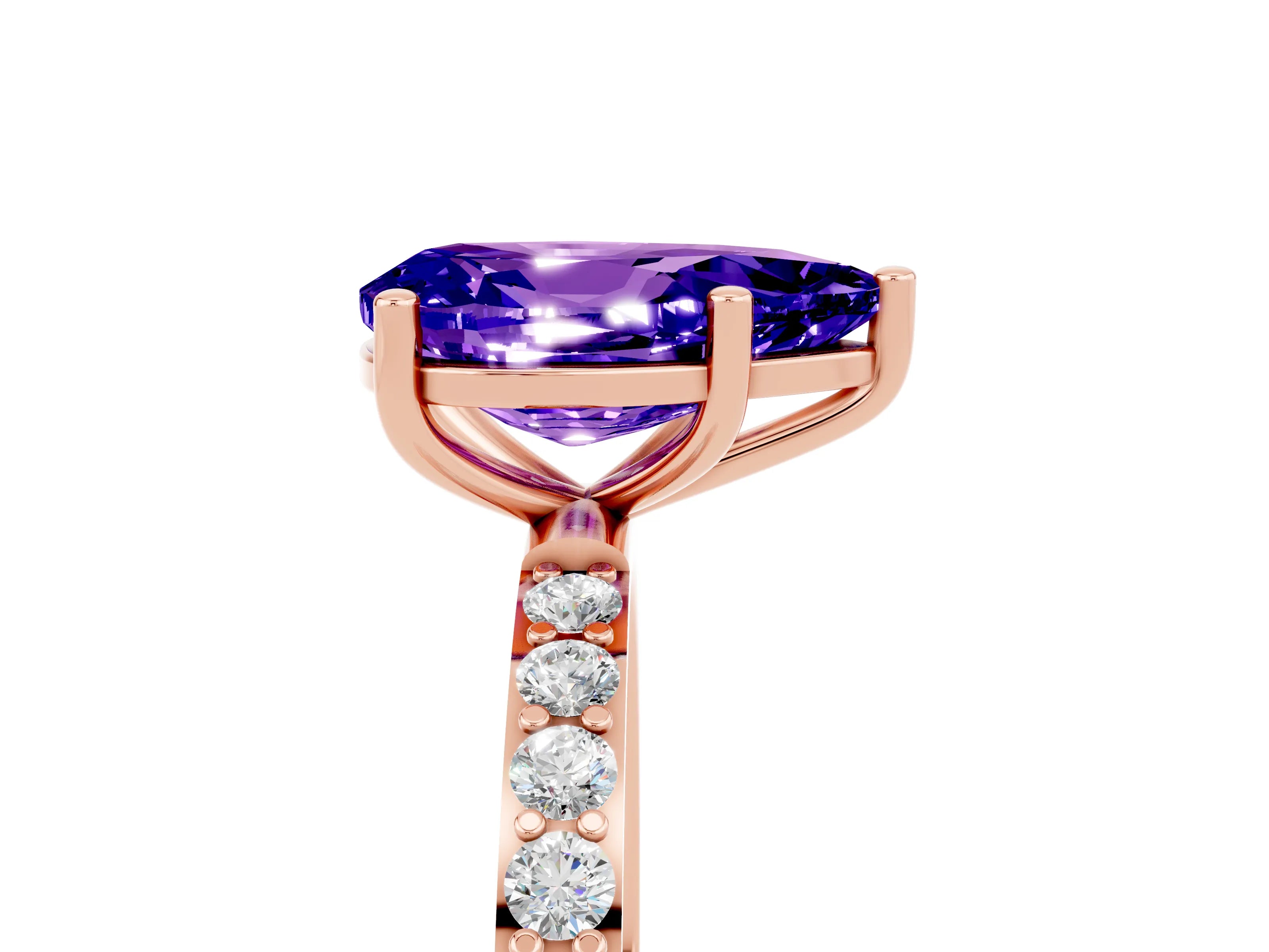 Rose gold Pear Cut Tanzanite Solitaire Ring with Pave Band and Four Prong Setting_29