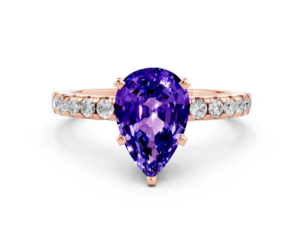 Rose gold Pear Cut Tanzanite Solitaire Ring with Round  Pavé Band and Four-Prong Setting