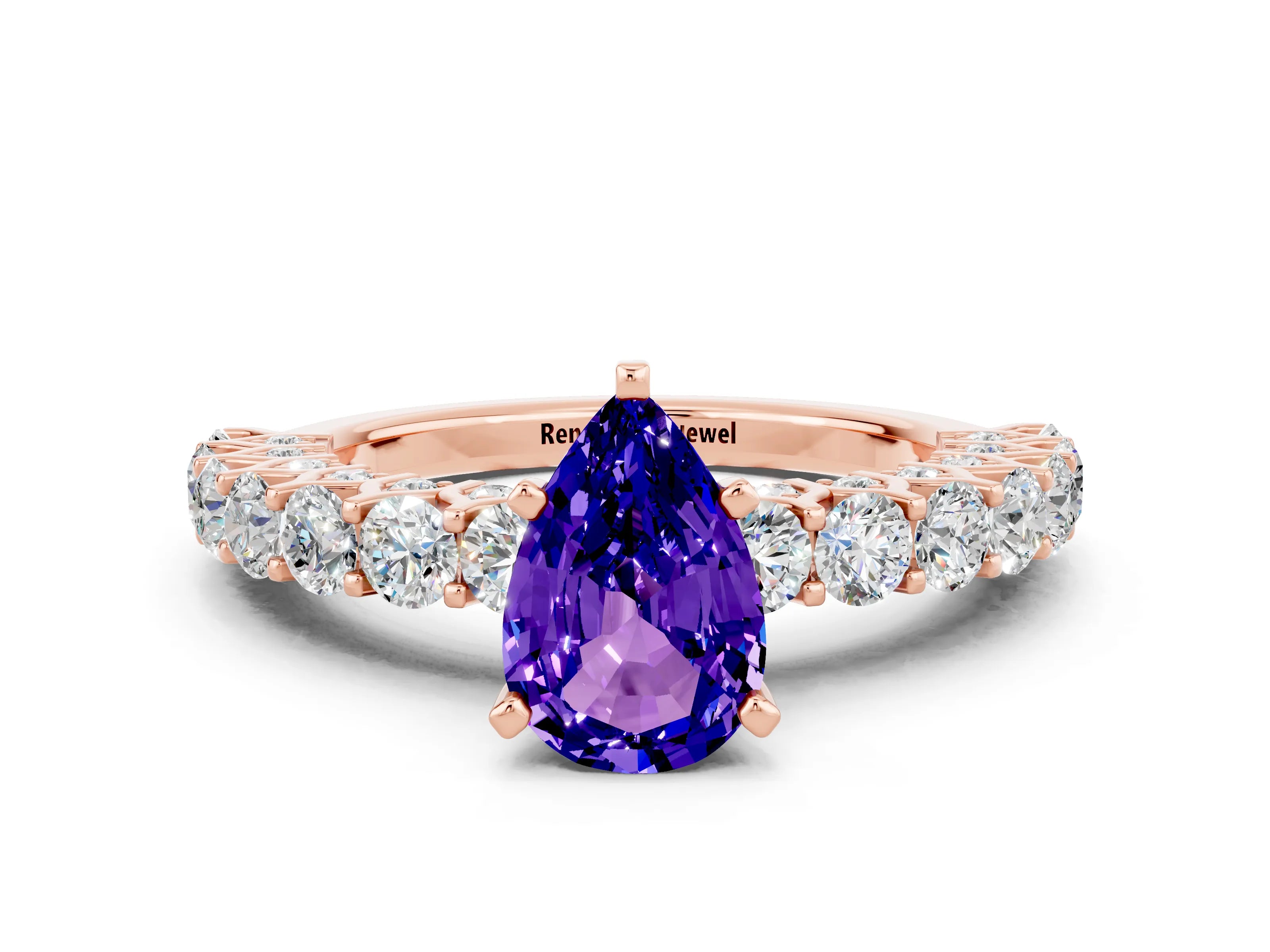 Rose gold Pear Cut Tanzanite Solitaire Ring with Shared Prong Pavé Band and Four-Prong Setting