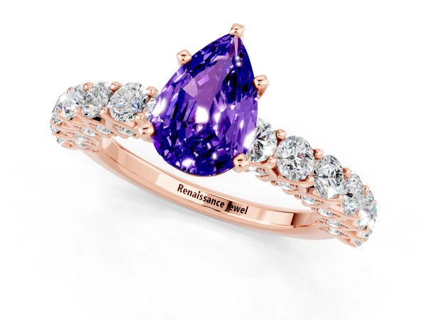Rose gold Pear Cut Tanzanite Solitaire Ring with Shared Prong Pavé Band and Four-Prong Setting
