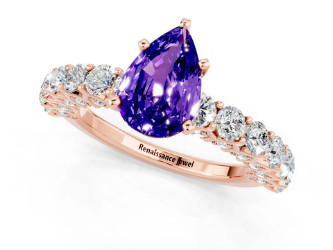 Rose gold Pear Cut Tanzanite Solitaire Ring with Shared Prong Pavé Band and Four-Prong Setting_1