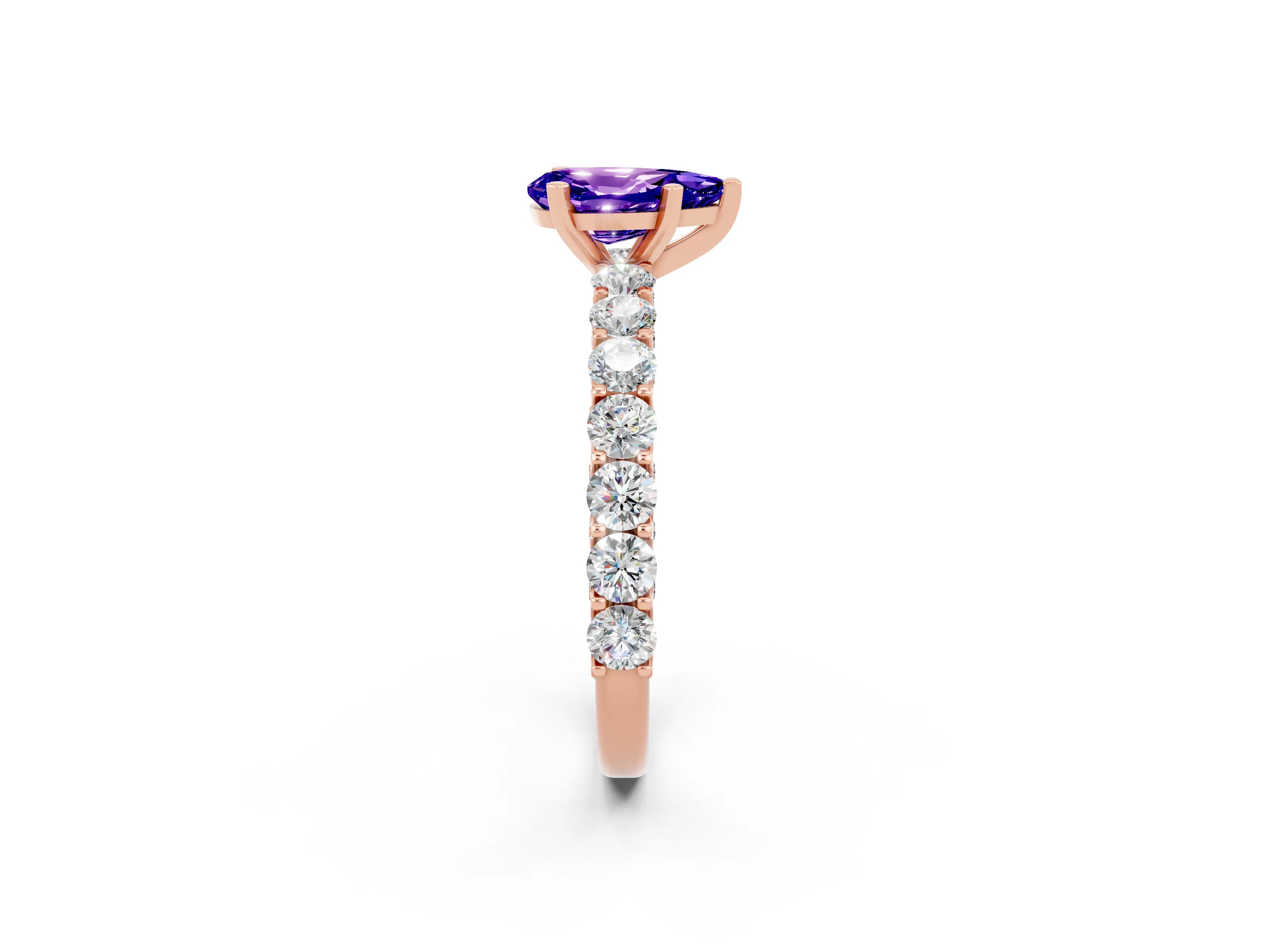 Rose gold Pear Cut Tanzanite Solitaire Ring with Shared Prong Pavé Band and Four-Prong Setting_2