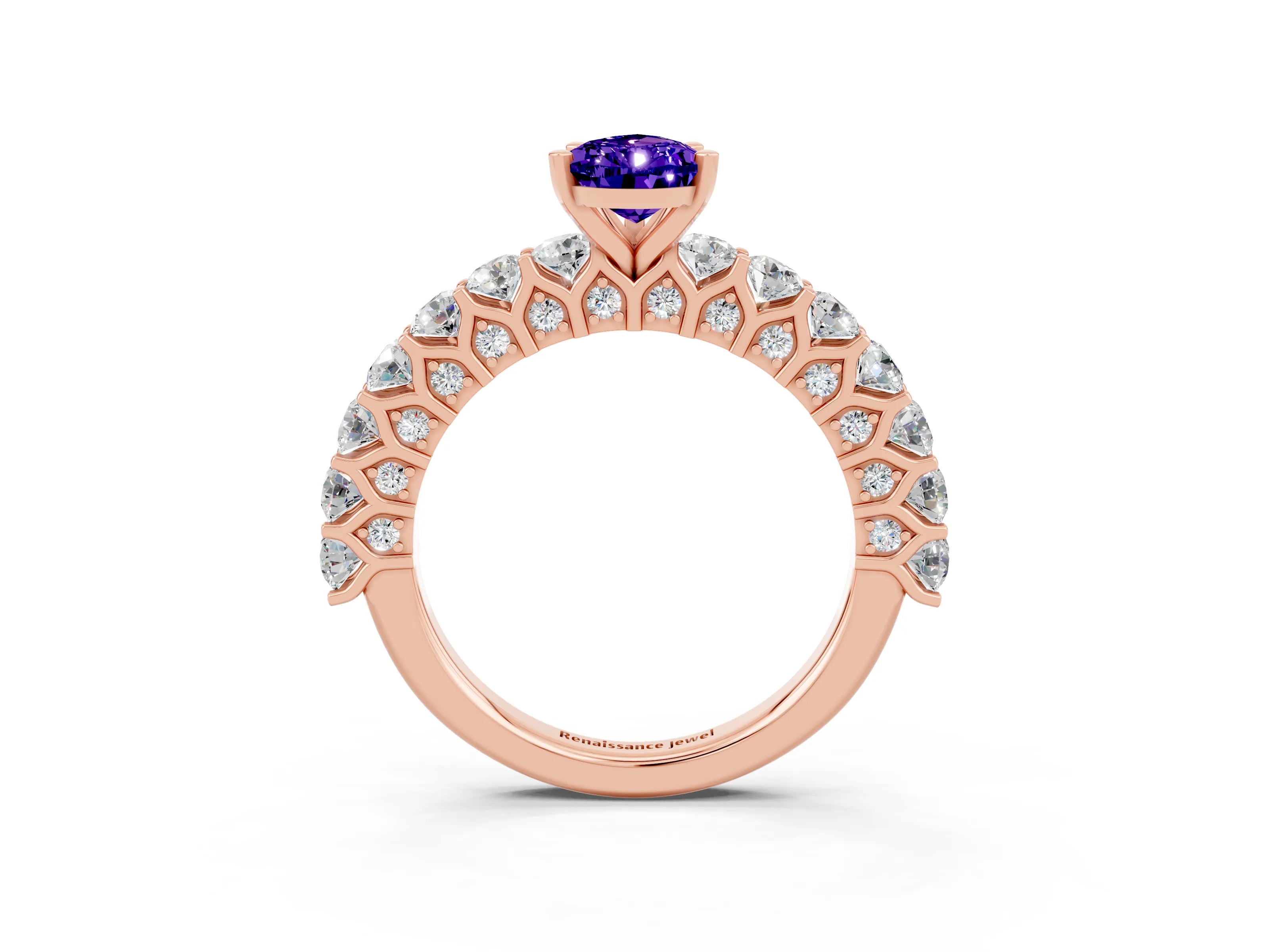Rose gold Pear Cut Tanzanite Solitaire Ring with Shared Prong Pavé Band and Four-Prong Setting_3