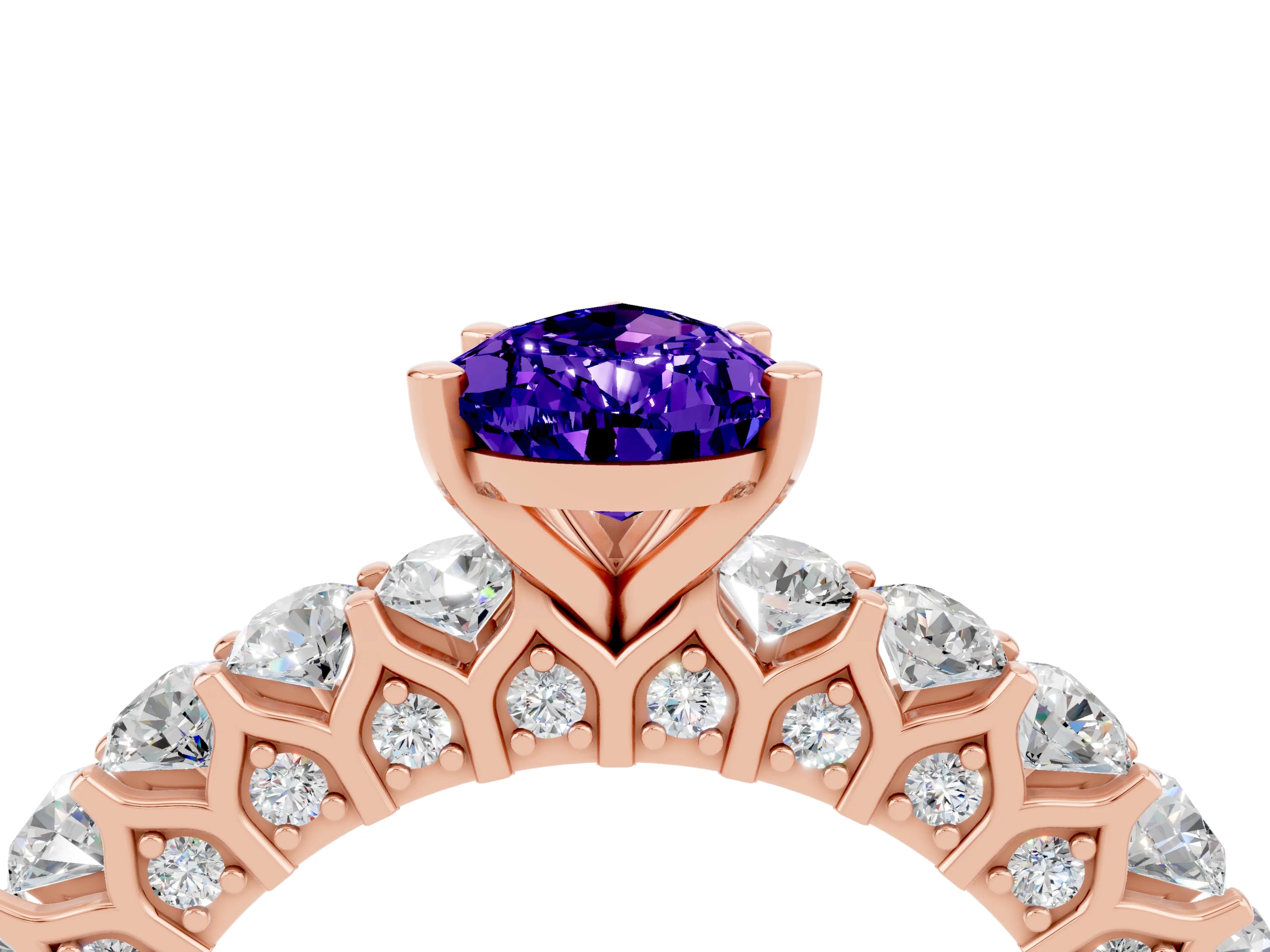 Rose gold Pear Cut Tanzanite Solitaire Ring with Shared Prong Pavé Band and Four-Prong Setting_4