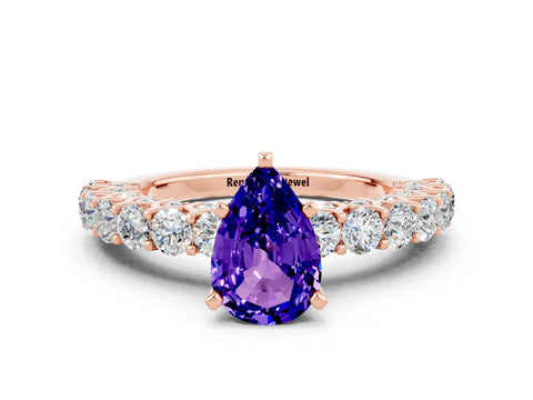 Rose gold Pear Cut Tanzanite Solitaire Ring with Shared Prong Pavé Band and Four-Prong Setting