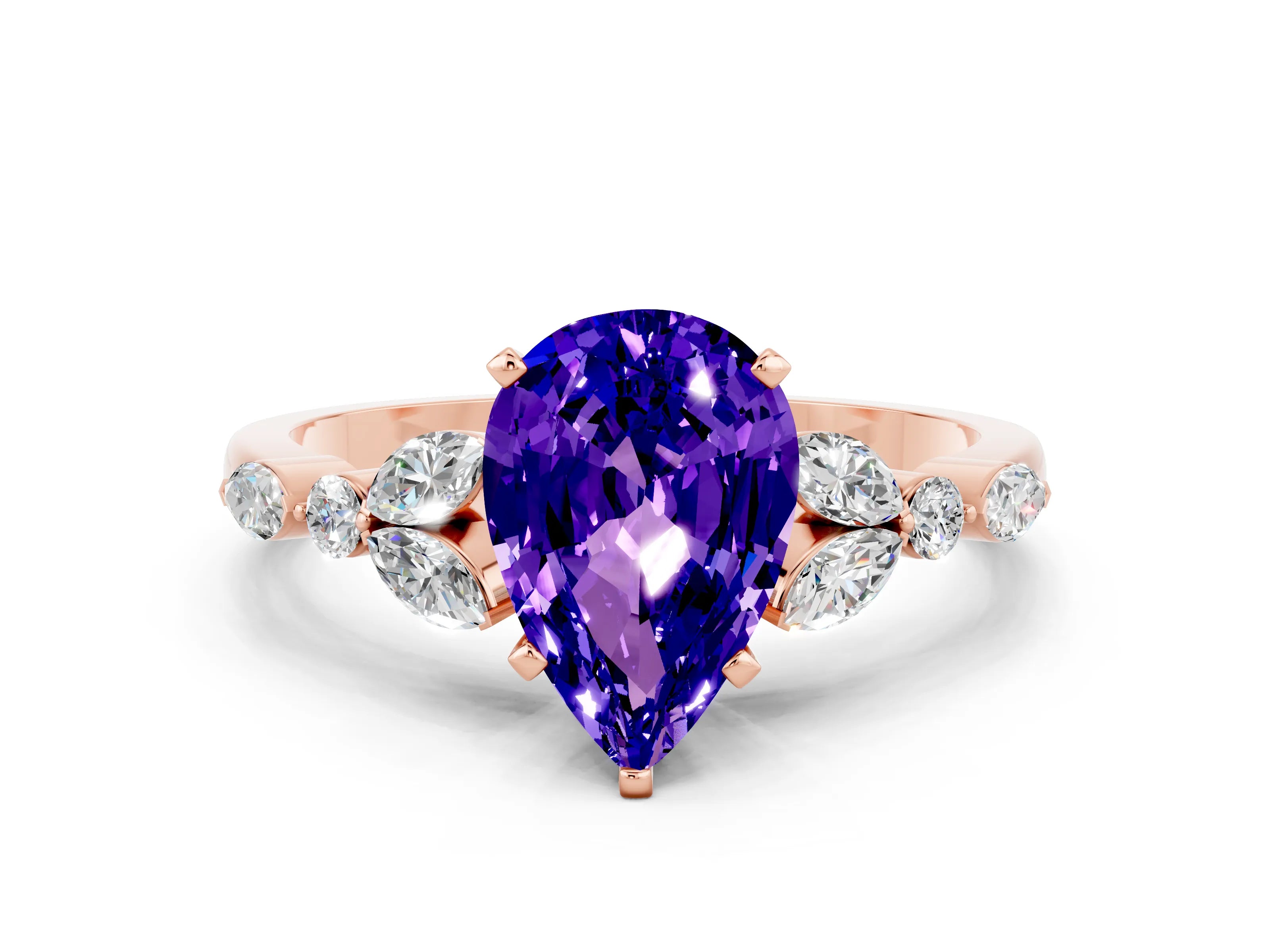 Rose gold Pear Cut Tanzanite Solitaire Ring with Side Stones and Four-Prong Setting_12