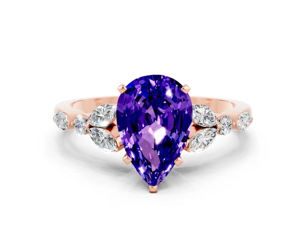Rose gold Pear Cut Tanzanite Solitaire Ring with Side Stones and Four-Prong Setting