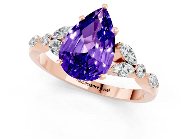 Rose gold Pear Cut Tanzanite Solitaire Ring with Side Stones and Four-Prong Setting