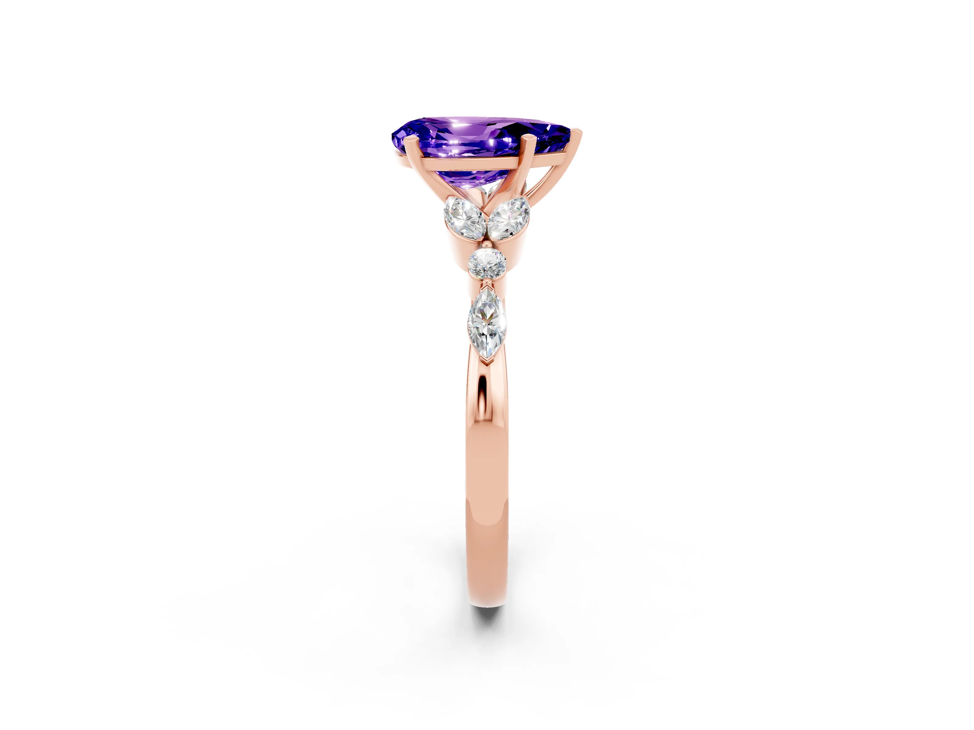 Rose gold Pear Cut Tanzanite Solitaire Ring with Side Stones and Four-Prong Setting_14