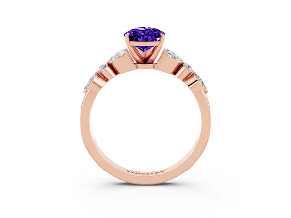 Rose gold Pear Cut Tanzanite Solitaire Ring with Side Stones and Four-Prong Setting