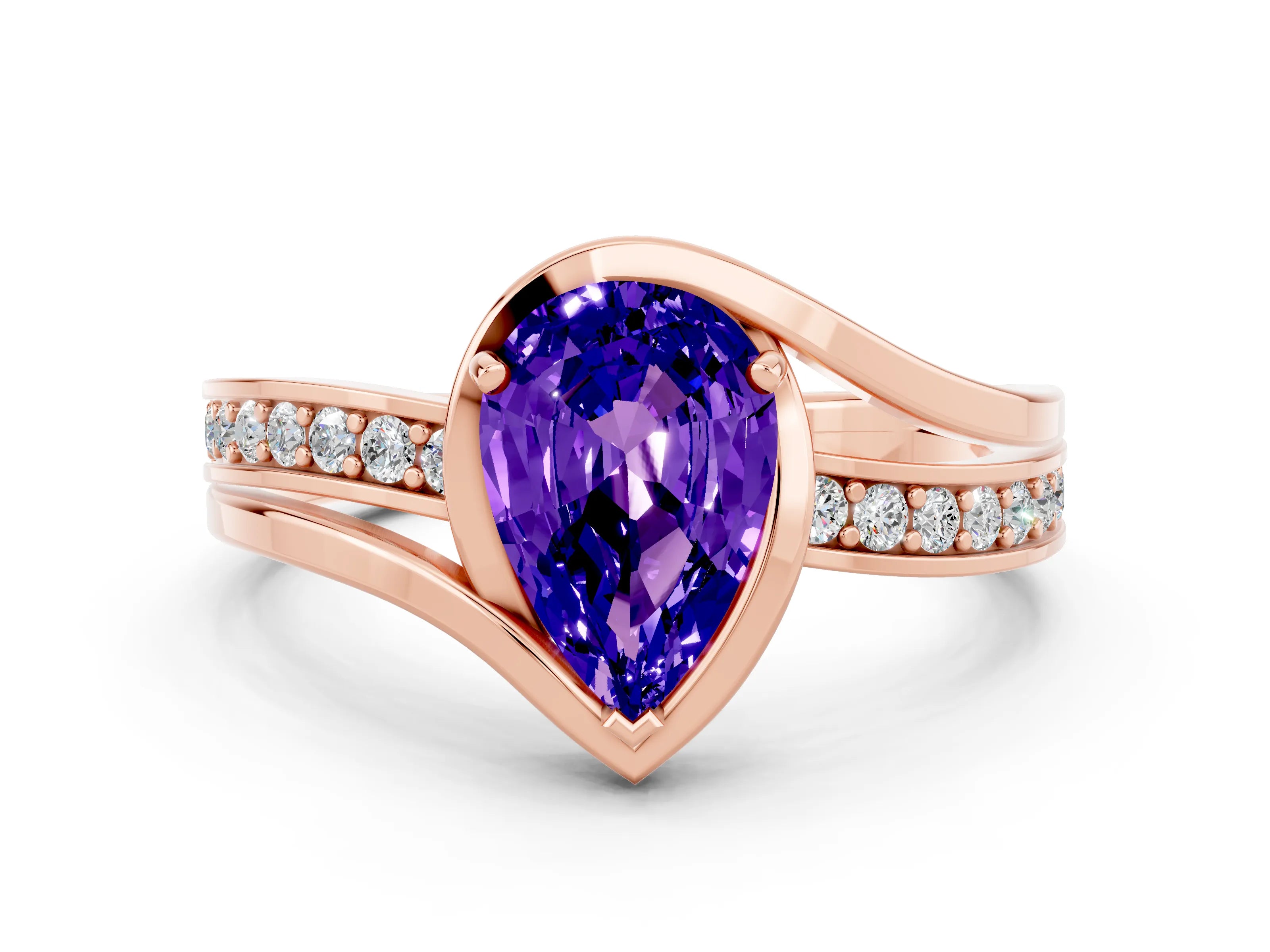 Rose gold Pear Cut Tanzanite Solitaire Ring with Split Shank and Prong Setting