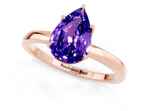 Rose gold Pear Cut Tanzanite Solitaire Ring with Thin Band and Prong Setting