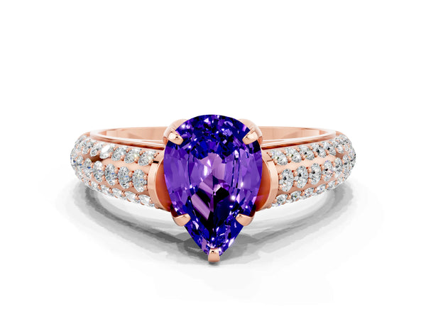 Rose gold Pear Cut Tanzanite Solitaire Ring with Three-Row Pavé Band and Four-Prong Setting