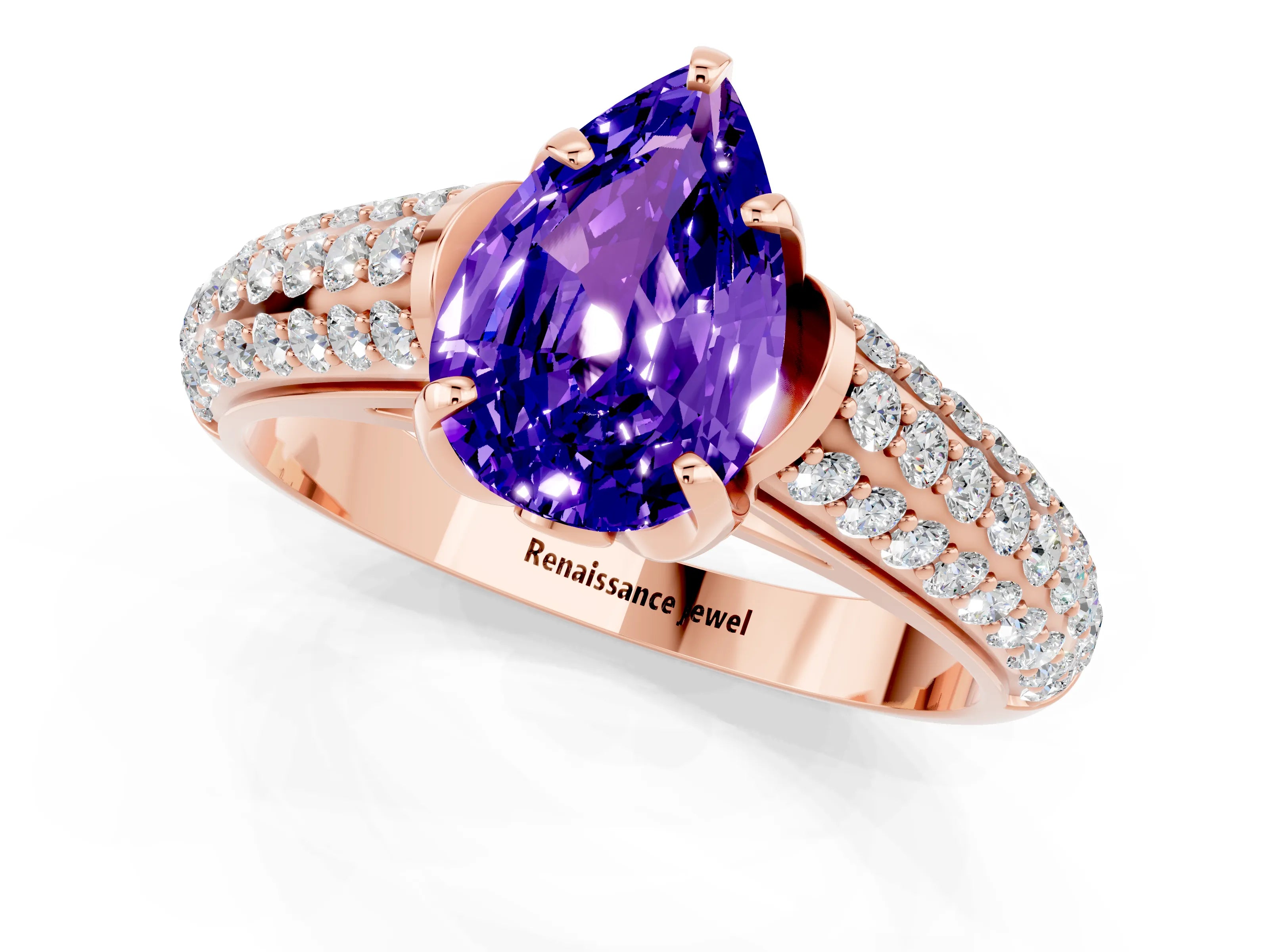 Rose gold Pear Cut Tanzanite Solitaire Ring with Three-Row Pavé Band and Four-Prong Setting_13