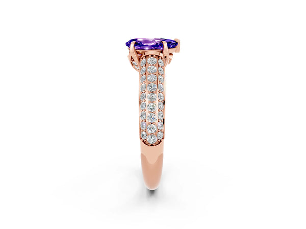 Rose gold Pear Cut Tanzanite Solitaire Ring with Three-Row Pavé Band and Four-Prong Setting