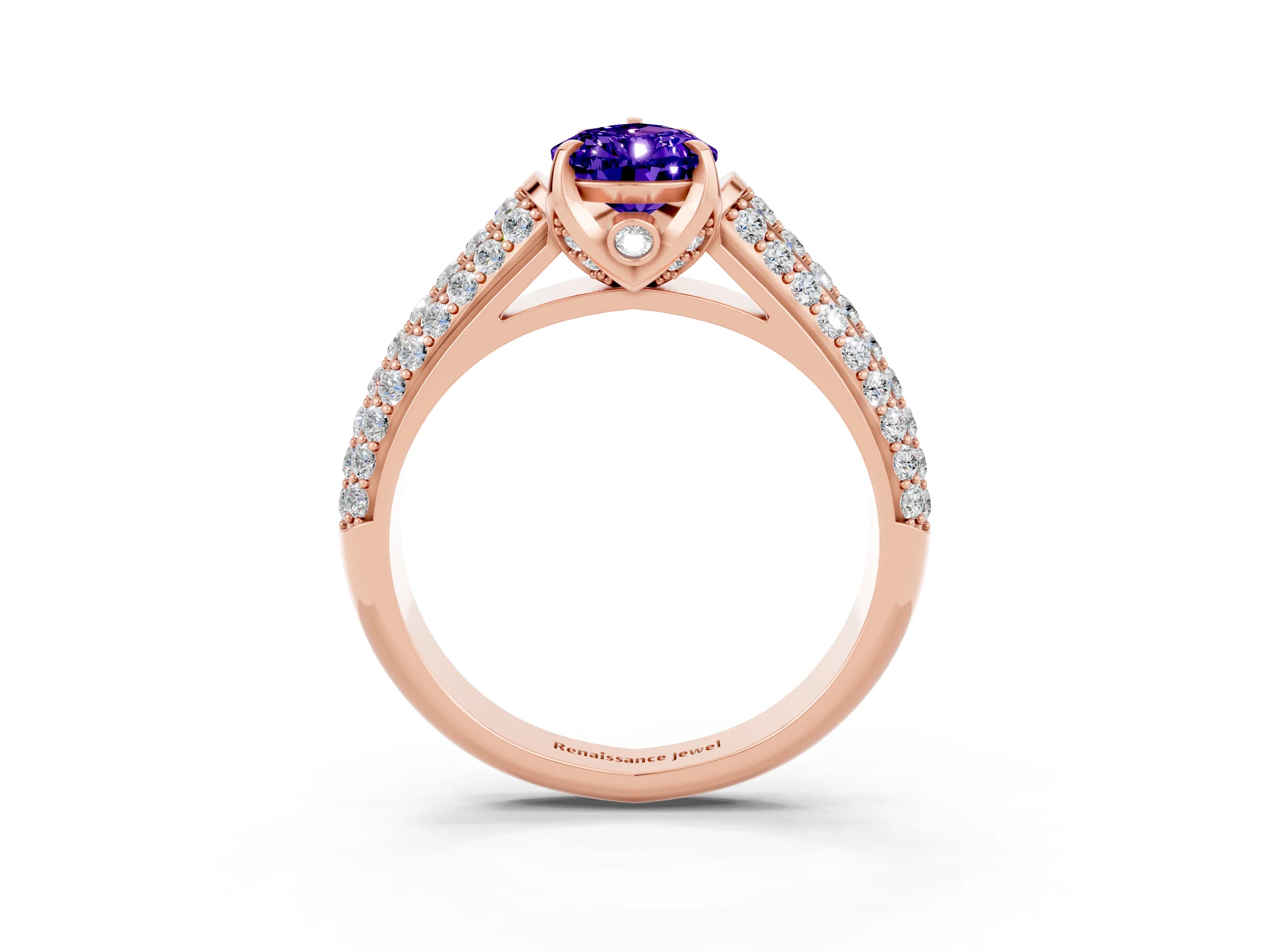 Rose gold Pear Cut Tanzanite Solitaire Ring with Three-Row Pavé Band and Four-Prong Setting_15