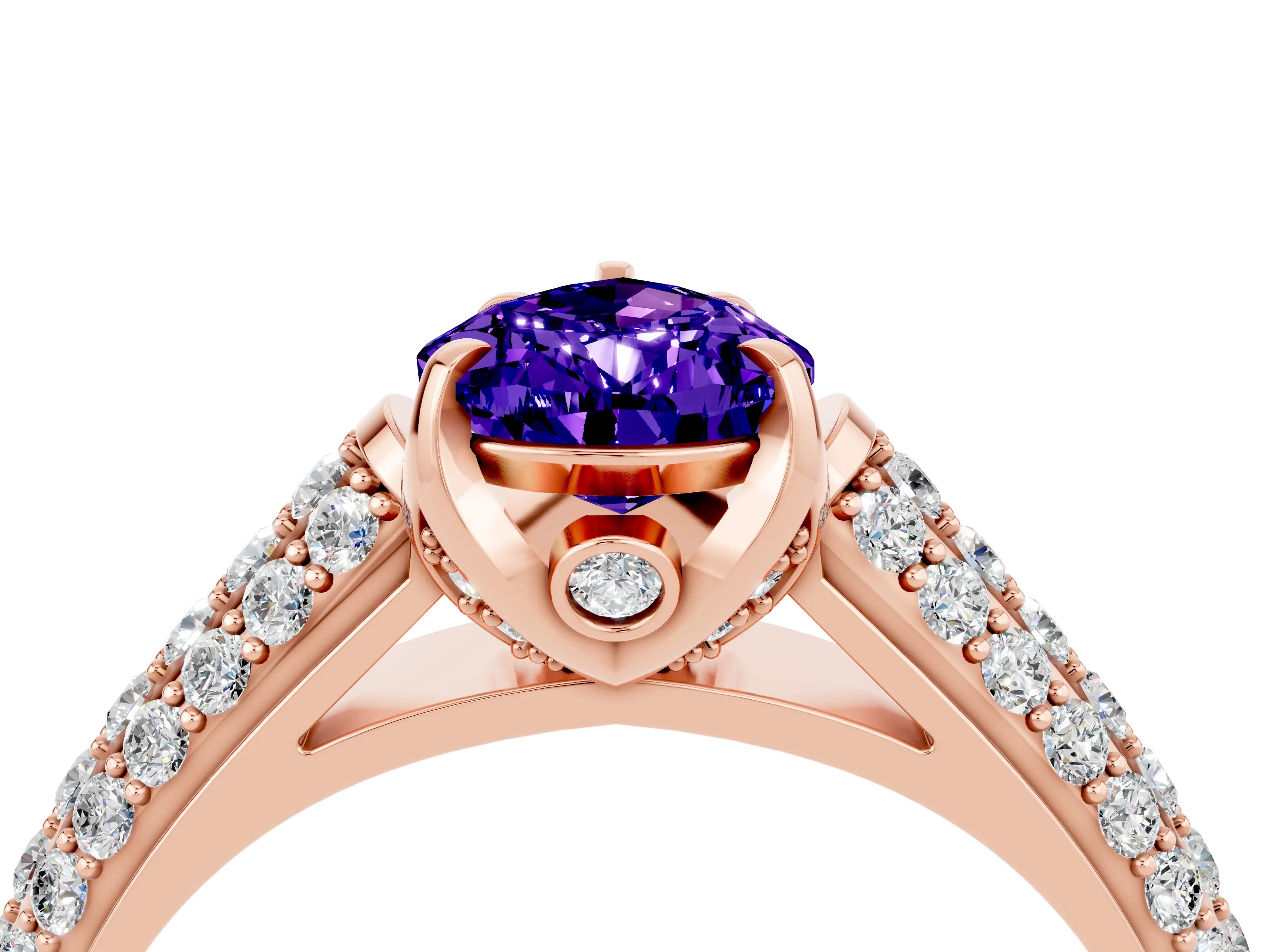 Rose gold Pear Cut Tanzanite Solitaire Ring with Three-Row Pavé Band and Four-Prong Setting_16