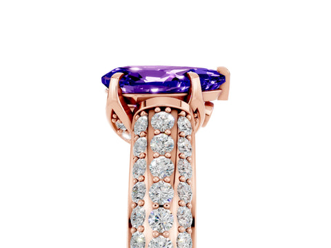 Rose gold Pear Cut Tanzanite Solitaire Ring with Three-Row Pavé Band and Four-Prong Setting_17