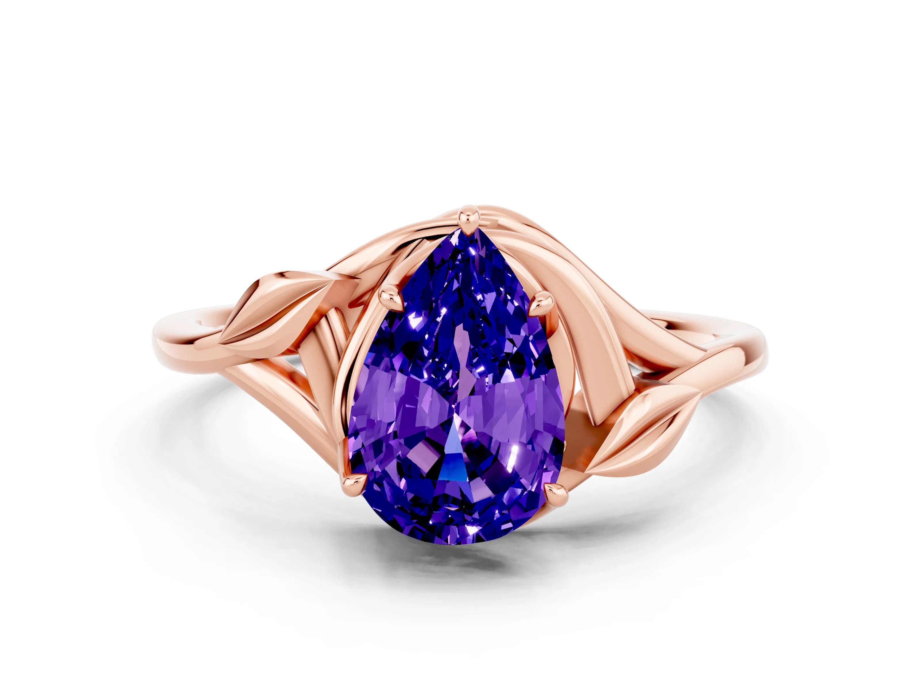 Rose gold Pear Cut Tanzanite Solitaire Ring with Twist Band and Four-Prong Setting_24