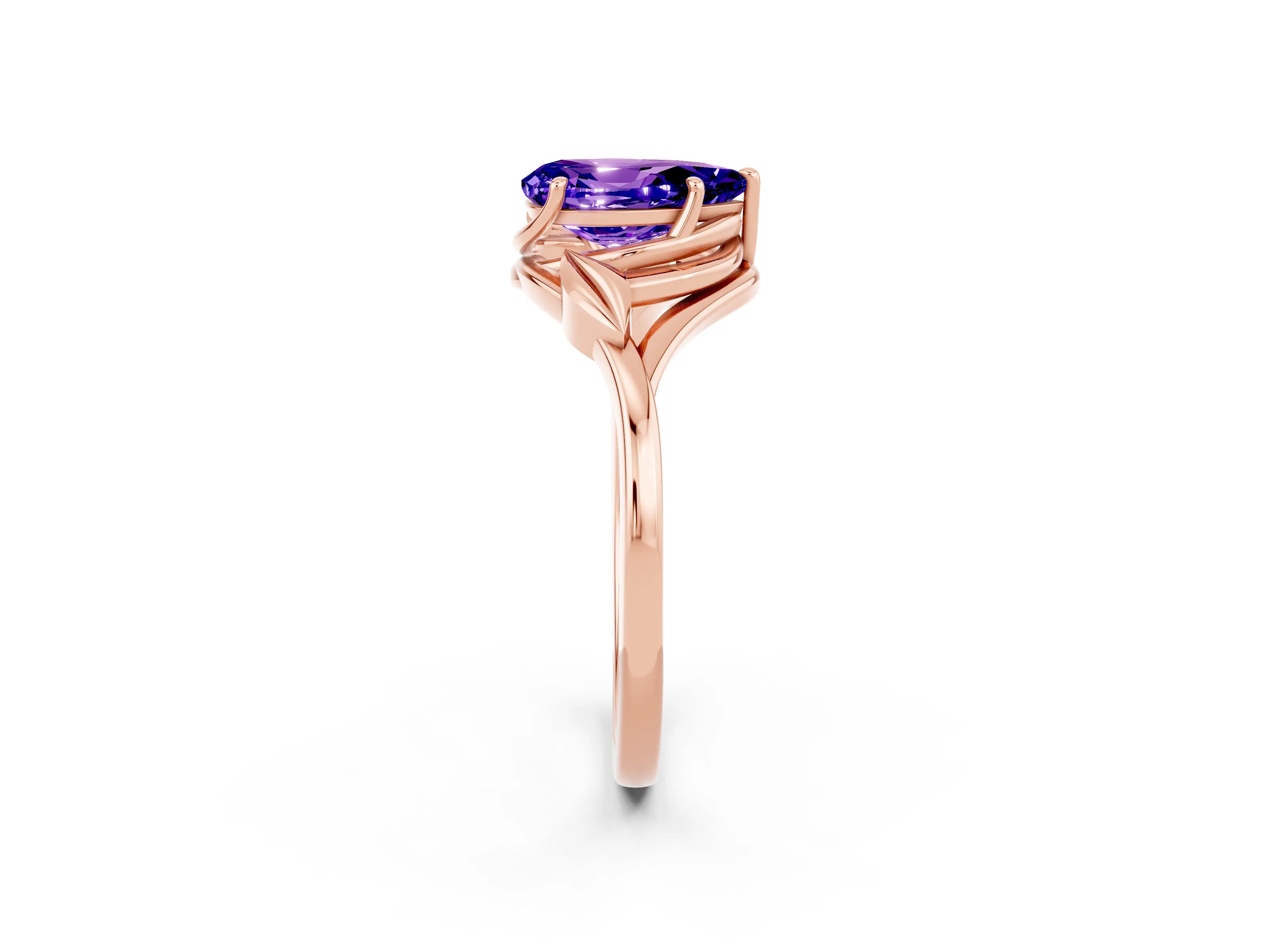 Rose gold Pear Cut Tanzanite Solitaire Ring with Twist Band and Four-Prong Setting_26