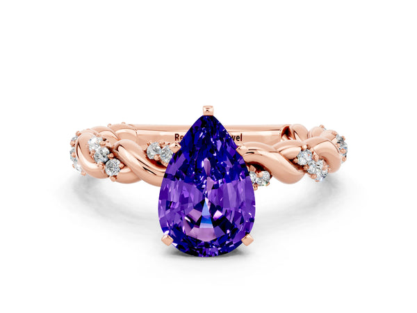Rose gold Pear Cut Tanzanite Solitaire Ring with Twisted Band and Pavé Accents