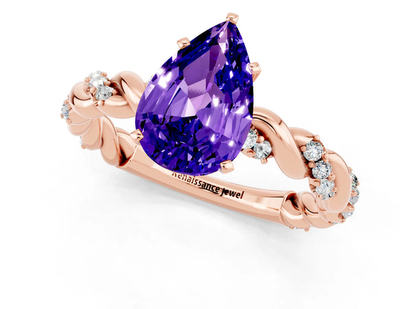 Rose gold Pear Cut Tanzanite Solitaire Ring with Twisted Band and Pavé Accents