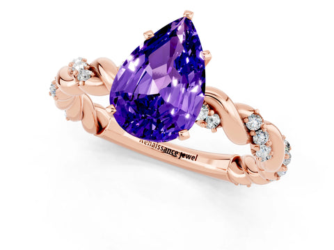 Rose gold Pear Cut Tanzanite Solitaire Ring with Twisted Band and Pavé Accents_1