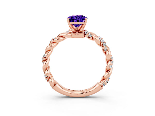 Rose gold Pear Cut Tanzanite Solitaire Ring with Twisted Band and Pavé Accents