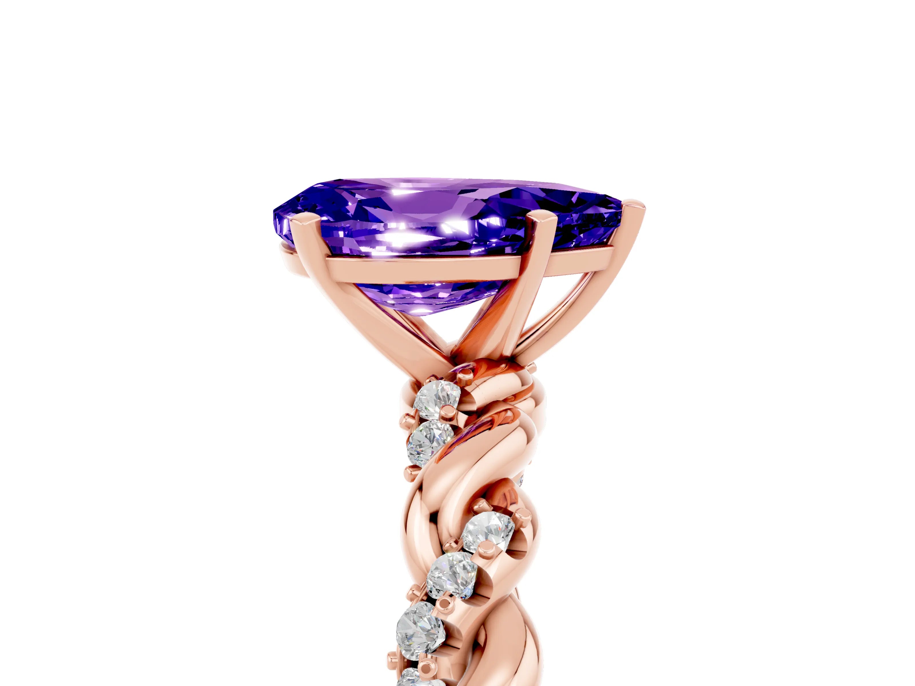 Rose gold Pear Cut Tanzanite Solitaire Ring with Twisted Band and Pavé Accents_5