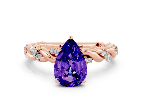Rose gold Pear Cut Tanzanite Solitaire Ring with Twisted Band and Pavé Accents