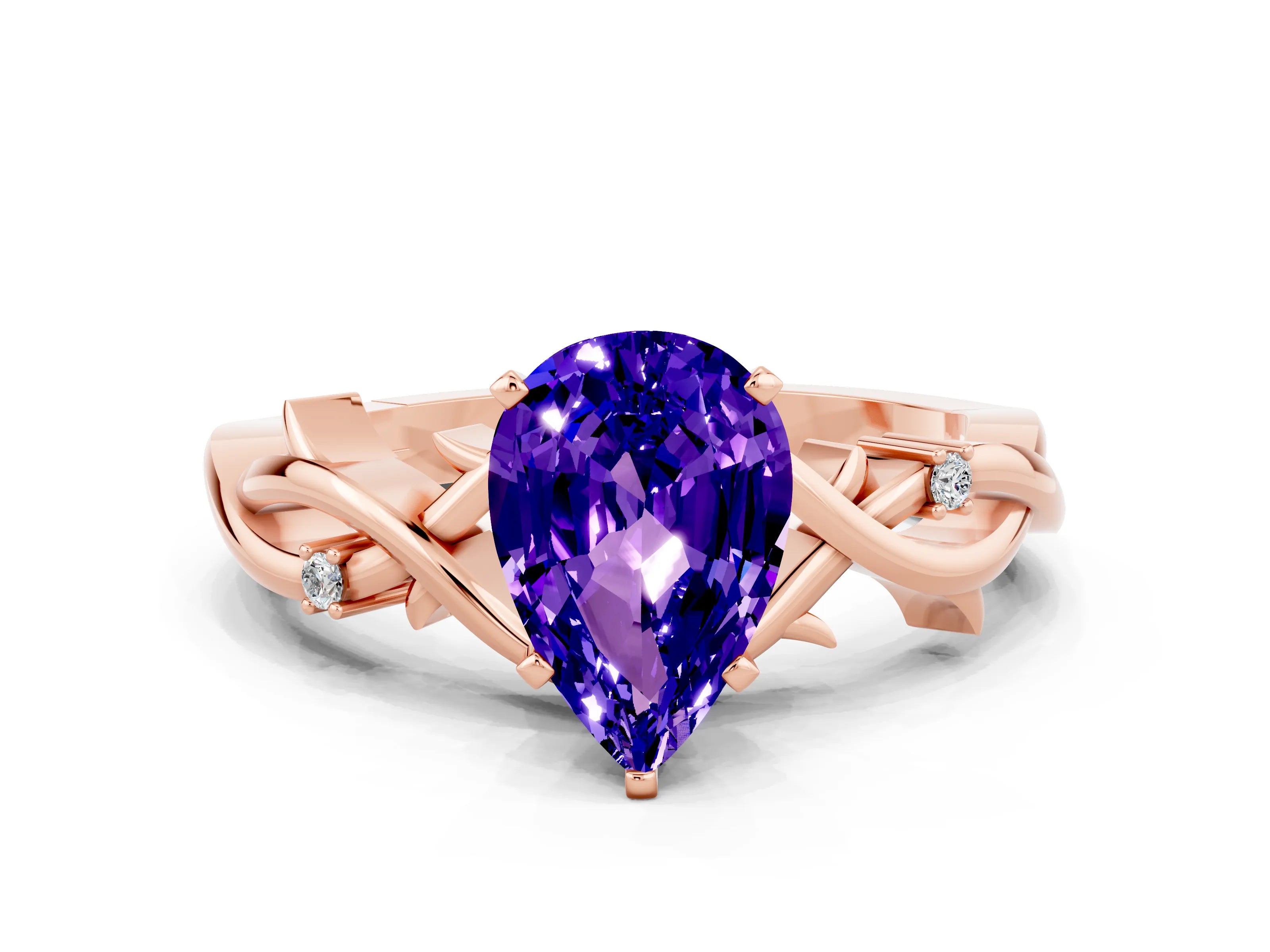 Rose gold Pear Cut Tanzanite Solitaire Ring with Twisted Band and Prong Setting