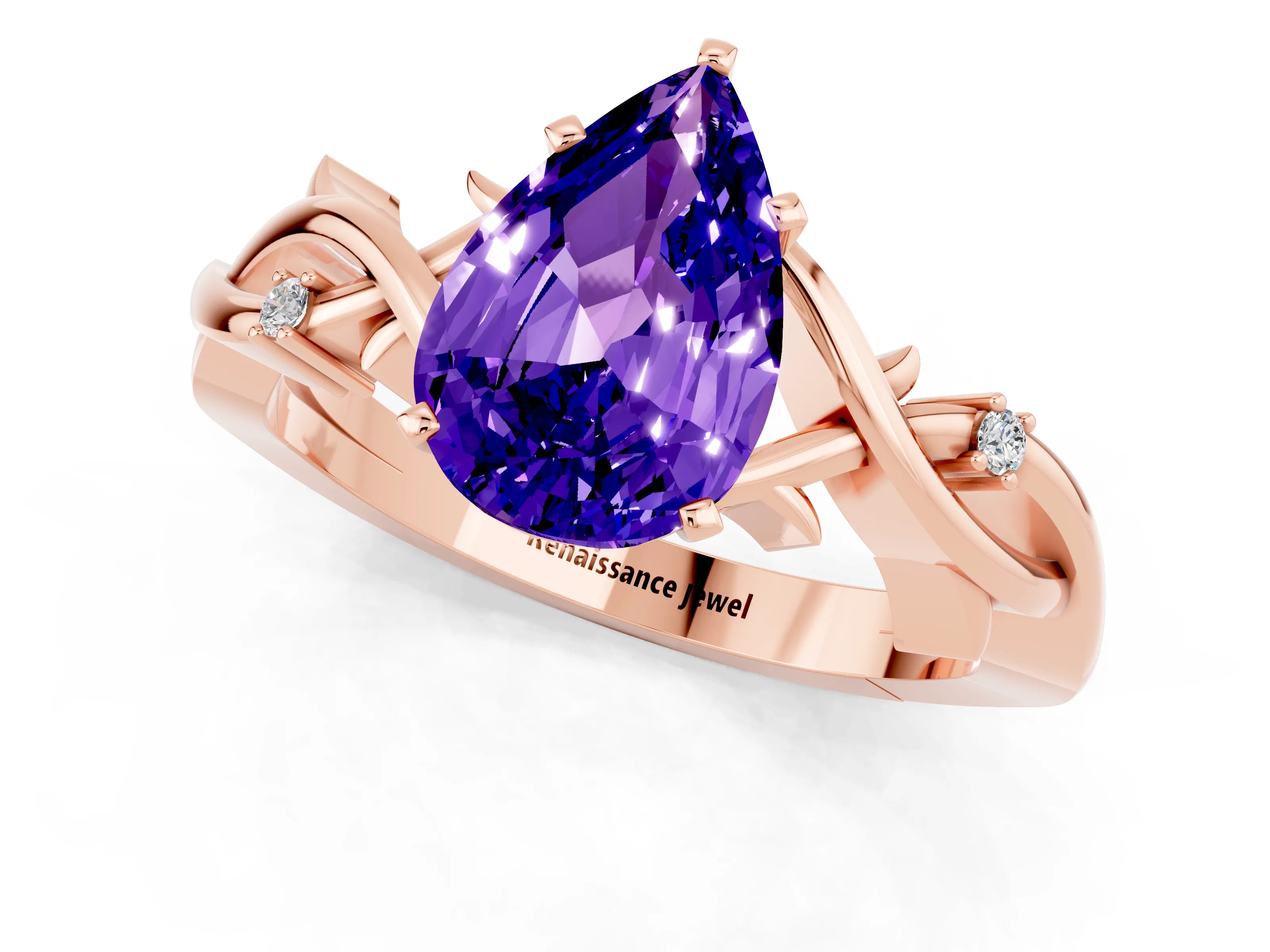 Rose gold Pear Cut Tanzanite Solitaire Ring with Twisted Band and Prong Setting_1