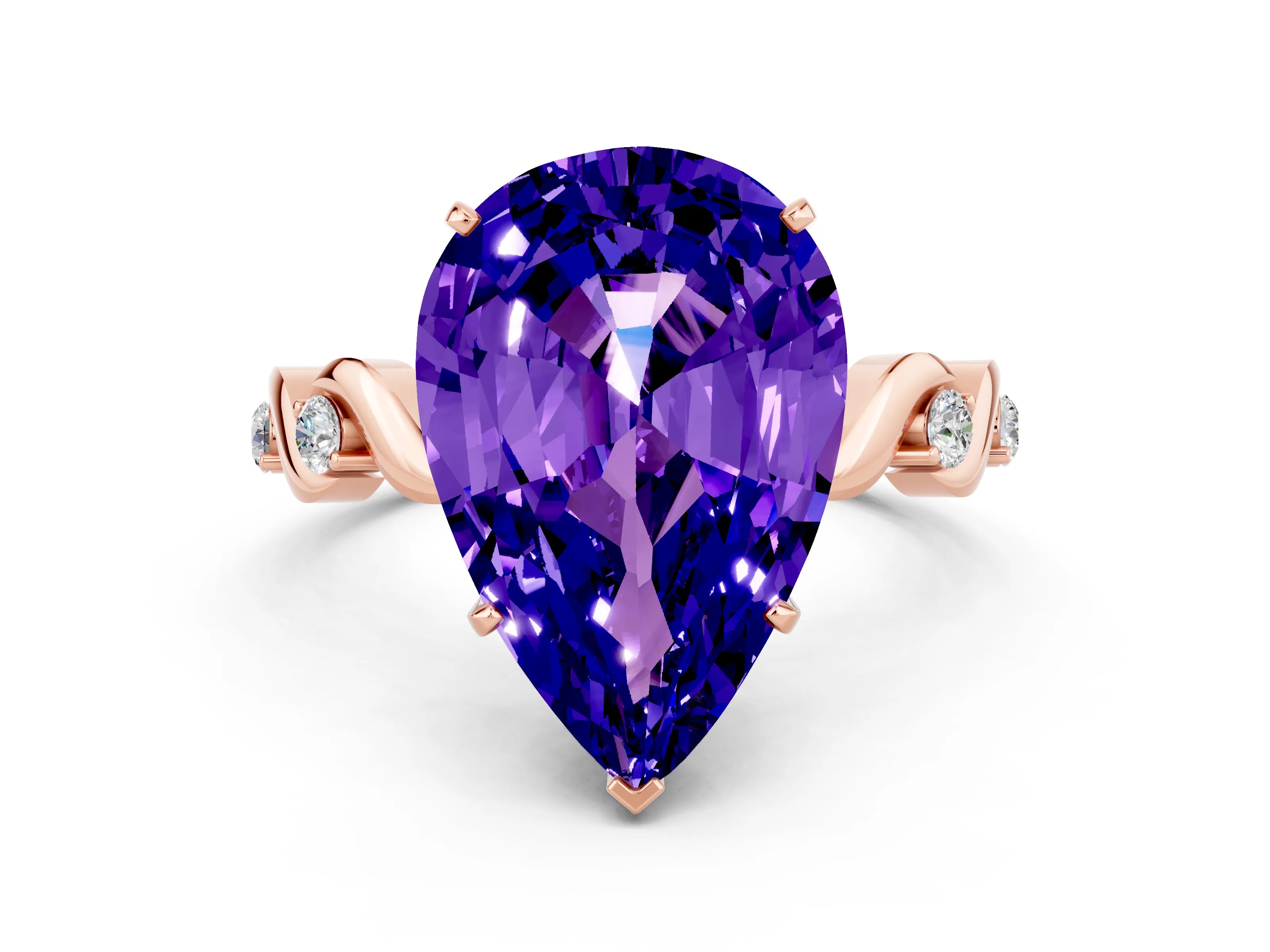 Rose gold Pear Cut Tanzanite Solitaire Twisted Band with Round  Accents and Prong Setting_12