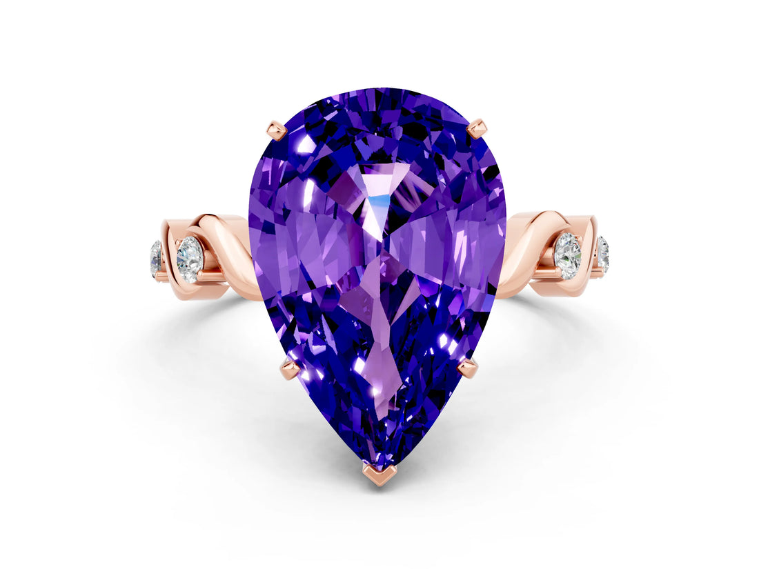 Rose gold Pear Cut Tanzanite Solitaire Twisted Band with Round  Accents and Prong Setting_12