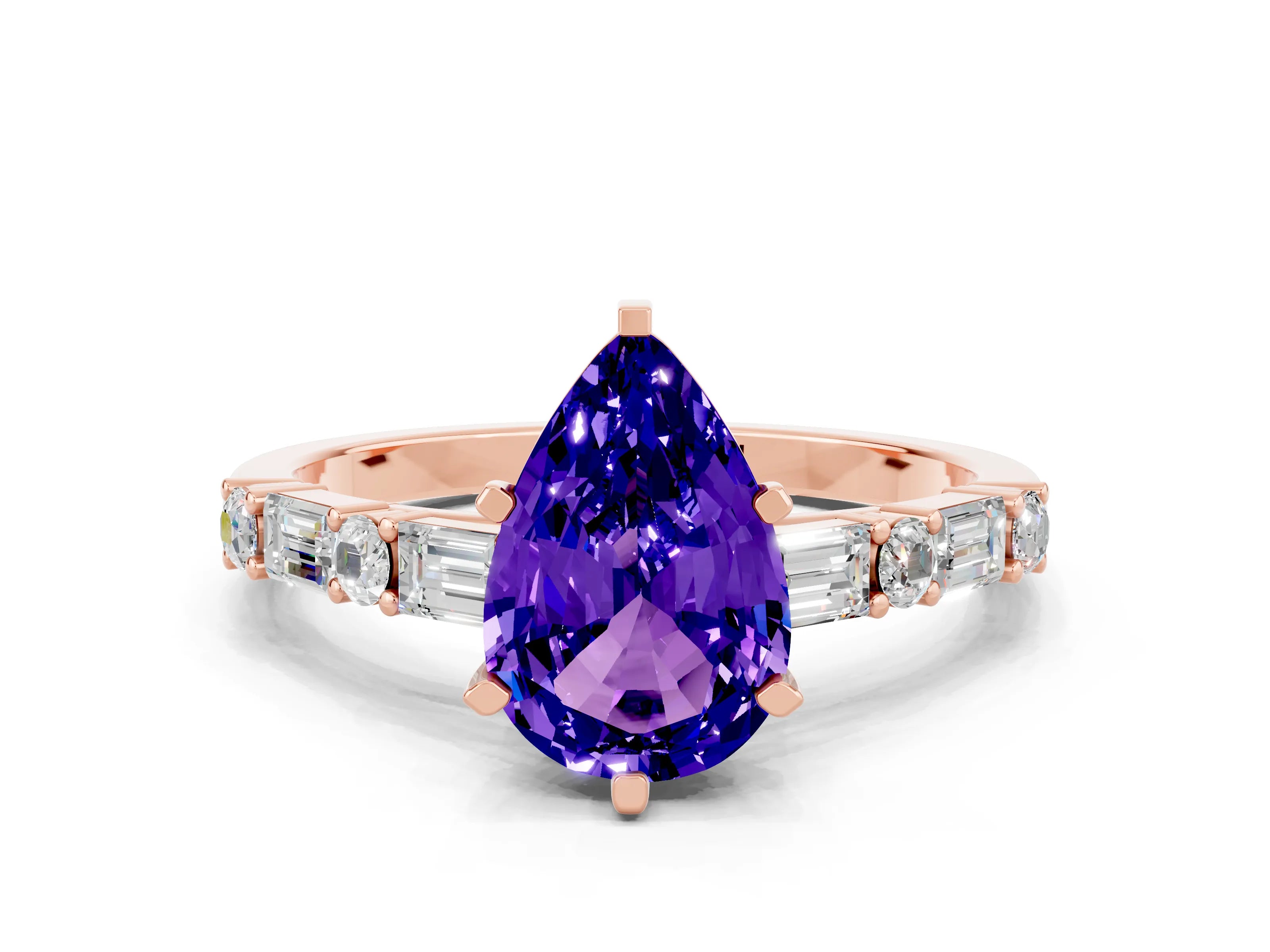 Rose gold Pear Cut Tanzanite Solitaire with Side Baguettes and Channel Set Band