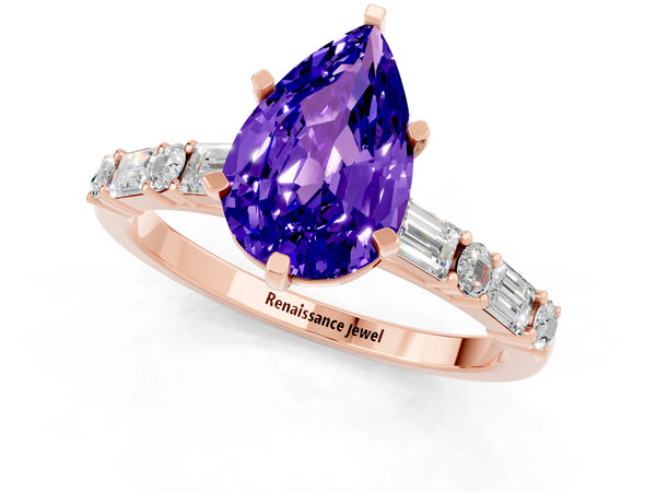 Rose gold Pear Cut Tanzanite Solitaire with Side Baguettes and Channel Set Band